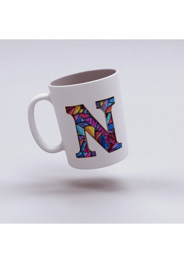 N Harfi Bardak 330 Ml İsme/harfe Özel Hediye, Renkli Harf Tasarım Beyaz
