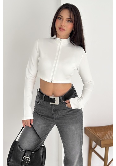 Kadın Fermuarlı Crop Ceket Dinamik & Modern Stil Beyaz