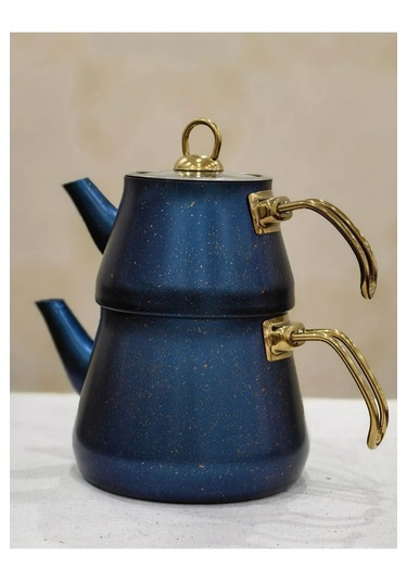 Yunusoğlu Home Granit Kaplama Gold Kulplu Cam Kapak Çaydanlık Mav
