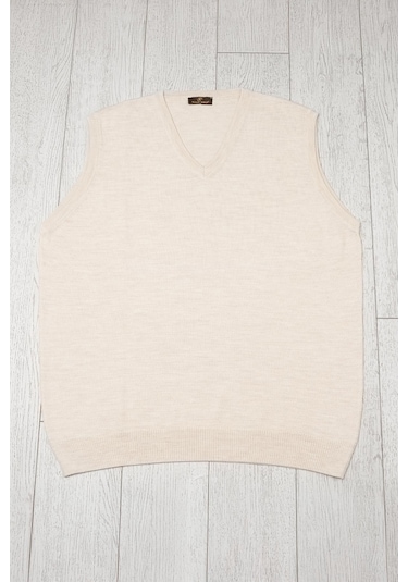 V Yaka Battal Büyük Boy Yünlü Kolsuz Triko Süveter Krem