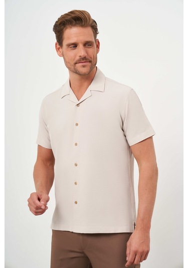 Morven Erkek Bej Viscon Apaçi Yaka Regular Fit Kısa Kol Gömlek Bej