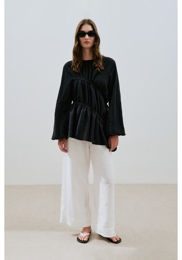 Büzgü Bağlamalı Dokulu Tunik Siyah Siyah