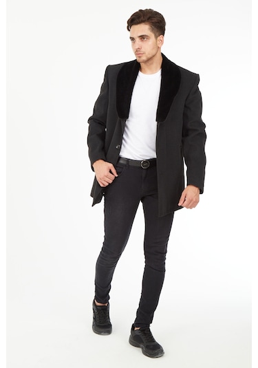 Sposo 1661 Yaka Kürkü Çıkmalı Yünlü Kaşe Füme Erkek Kaban Füme