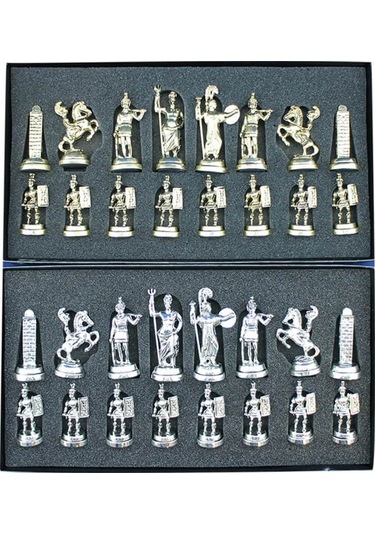 Orta Boy Metal Yunan Satranç Takımı Parlak Ve Ceviz Desenli Mdf A