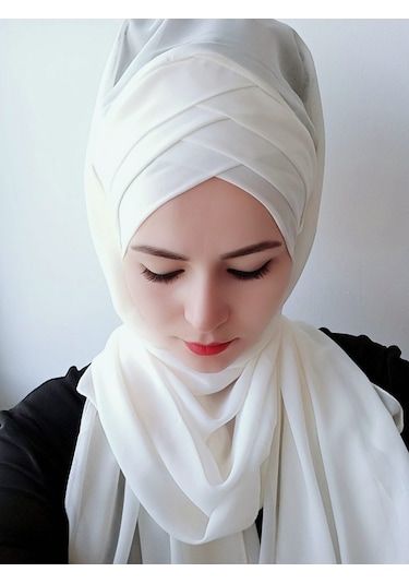 Tesettür Kadın Üç Bantlı Hazır Şal Beyaz