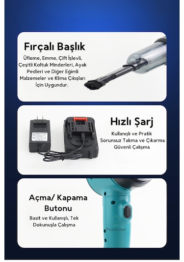 Yeni Araç Içi Süpürge 2 In 1 16000pa 3 Kademeli Vakumlu Üflemeli Araç Süpergesi Pro-hl-126 Mavi