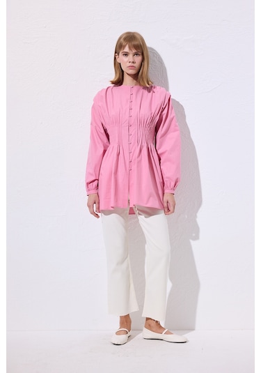 Beli Pile Detaylı Uzun Kol Bluz Pembe Pembe