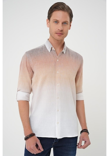 Comfort Fit Apoletli Degrade Desen Esnek Pamuk Bej Gömlek G 1575 Bej