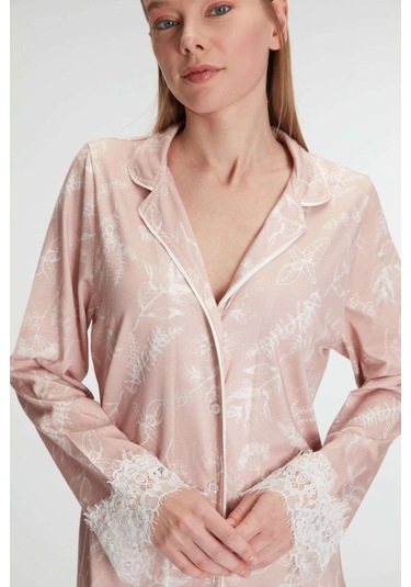 Bicomi Cotton Modal Uzun Kol Gecelik Gül