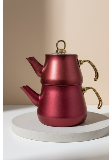 Yunusoğlu Home Granit Kaplama Gold Kulplu Cam Kapak Çaydanlık Bordo Bordo-gold