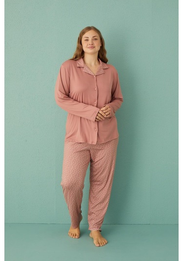 Gd Goldoremi 50851-9 Büyük Beden Kadın Puantiyeli Önden Düğmeli Pijama Takım 001
