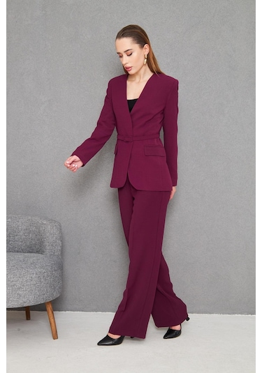 Kemerli V Yaka Takım Mürdüm Mürdüm