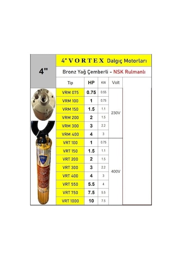 Vrt 300 3 Hp 380v Bronz Yağ Çemberli Nsk Rulmanlı 4" Dalgıç Pompa Motoru