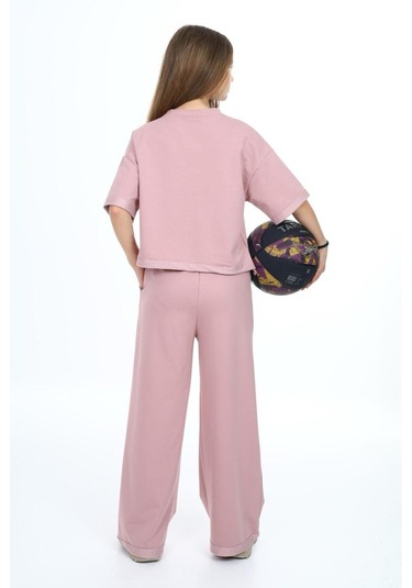 Kız Çocuk %100 Pamuk Oversize Yarım Kol Alt-üst Eşofman Takım-eşt-0012 Pudra