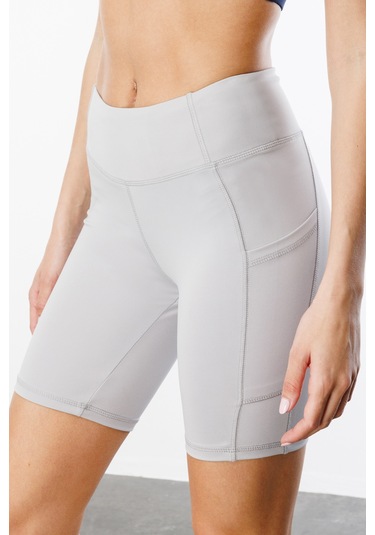 Yüksek Bel Toparlayıcı Çift Cepli Biker Şort Kısa Spor Tayt Kısa-tayt Gri
