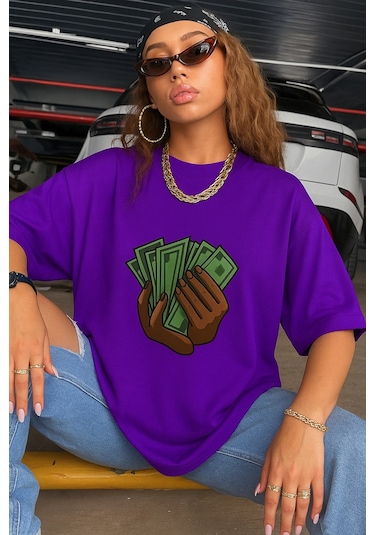 Unisex Siyah Oversize Baskılı Tshirt Mor