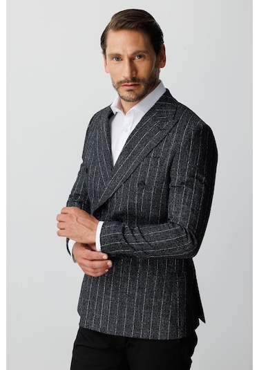 Erkek Siyah Slım Fıt / Dar Kalıp Geniş Kırlangıç Ceket-20007 Siyah