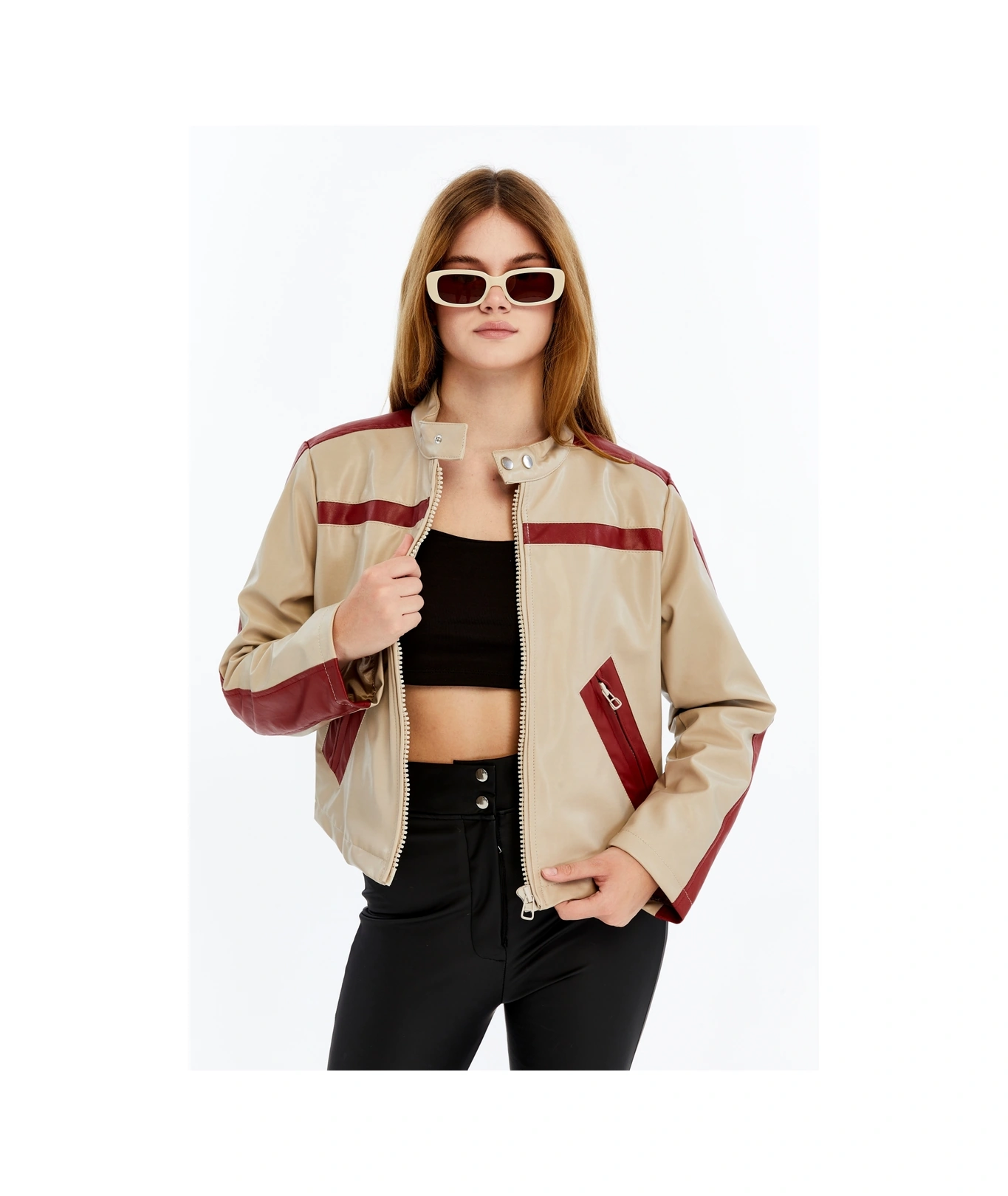 Kadın Şeritli Deri Ceket Günlük Kullanım Niş Özgün Tasarım Mont Fermuarlı Standart Bomber Ceket Bej