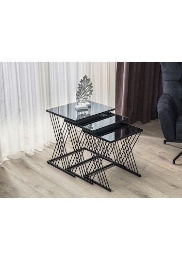 Vienna Siyah Metal Ayaklı,Füme Aynalı Zigon Sehpa