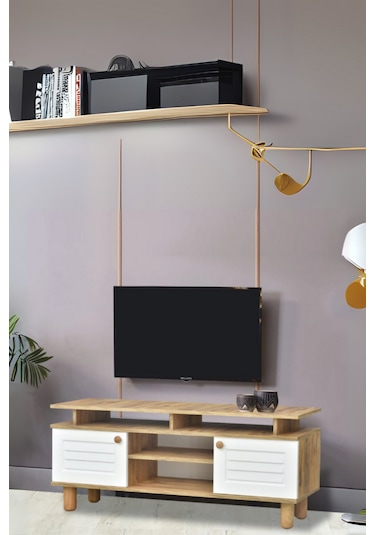 Helena Tv Sehpası Beyaz 2 Kapaklı Açık Raflı Ahşap Görünümlü Atlantik Çam 140x60x36 Cm