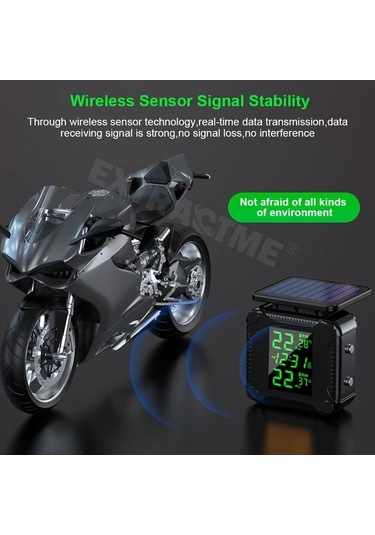 Boatshop1 Ynf Motosiklet Lastik Basınç İzleme Sistemi Siyah Lcd Ekranlı Otomatik Alarm Kablosuz Güneş Enerjili Şarj Lastik Monitörü