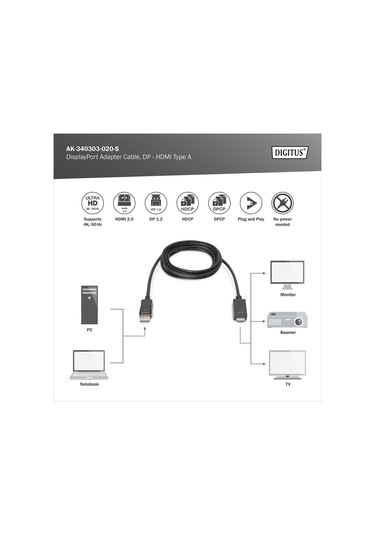 Dıgıtus Displayport Adaptör Kablosu, Dp - Hdmı A Tip