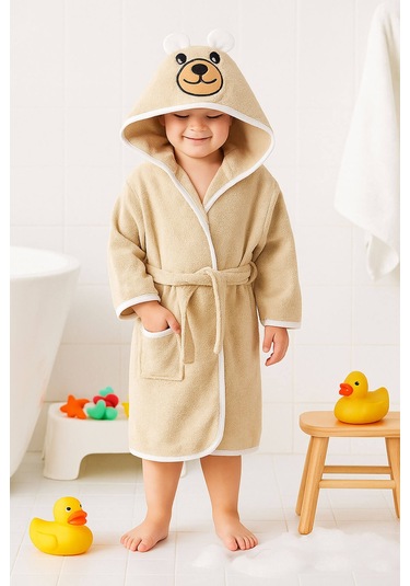 Kapşonlu Hayvan Desenli Çocuk Banyo Deniz Plaj Bornozu %100 Pamuklu Bej