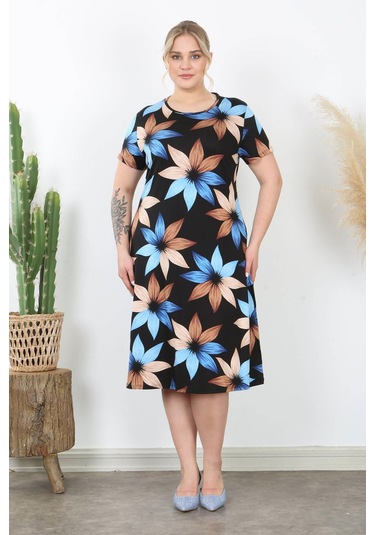 Kadın Mavi Kahve Çiçek Desen Midi Elbise Mavi Kahve Mavi - Kahverengi