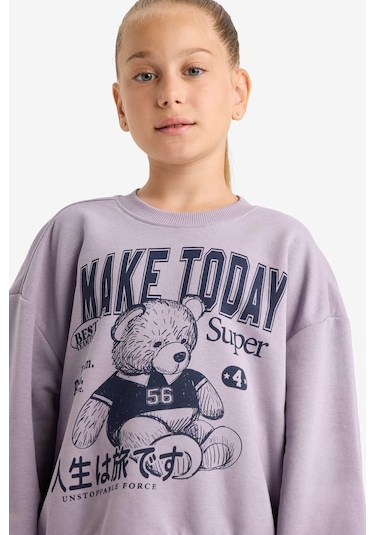 Defacto Kız Çocuk 2li Takım Baskılı Sweatshirt Eşofman Altı E6416a825aupr314 Mor