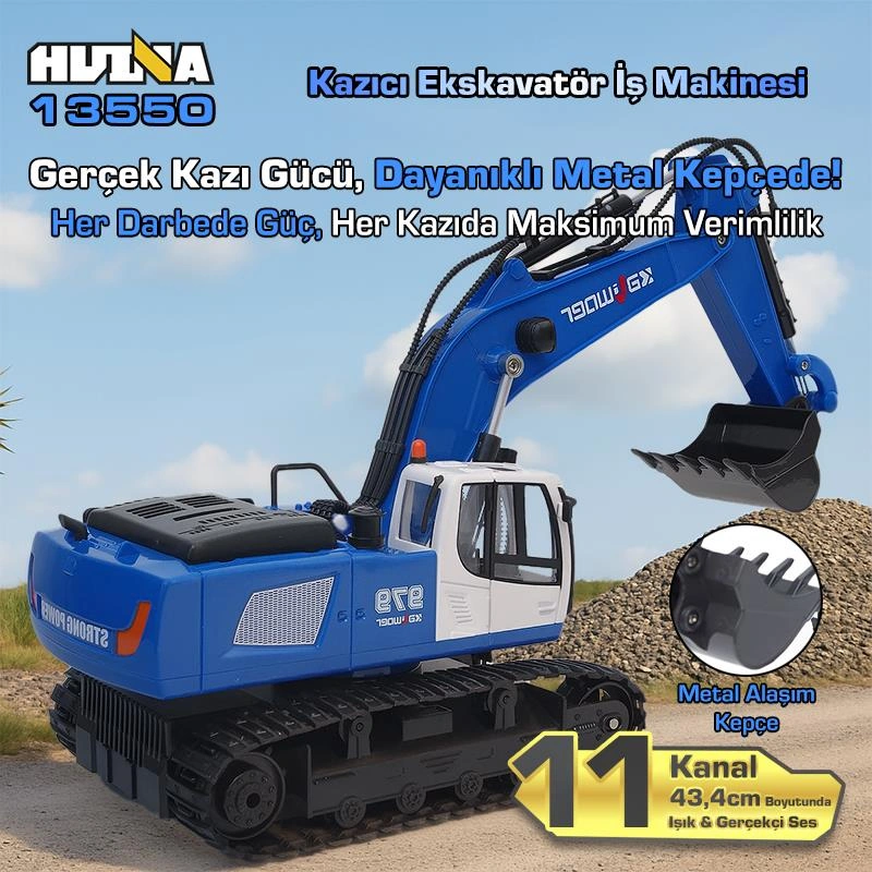 Huına Kaliwo 13550 1/18 11ch Kazıcı Ekskavatör İş Makinesi İnşaat Uzaktan Kumandalı Rc Model Metal Kepçeli Mavi - 2.4ghz Gerçekçi Similasyon Ses Ve Işık Sistemi Huına13550/blue