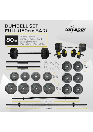 Tanspor 80 KG Dambıl Halter Full Kısa Bar + Z Bar + Düz Bar Seti Kırmızı Kapaklı