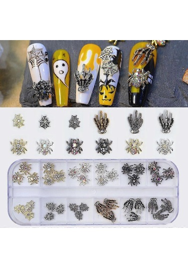 3d Cadılar Bayramı Tırnak Sanatı Takıları Kafatası Örümcek Ve Yapay Elmas Alaşımlı Tırnak Takıları