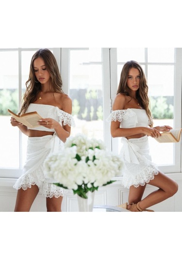 Bohem Bağlamalı Sahil Elbise Takım Beyaz Beyaz