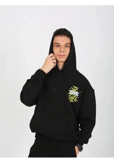Erkek Çocuk 2 İplik Yazı Detaylı Kapüşonlu Sweatshirt-15232 Siyah