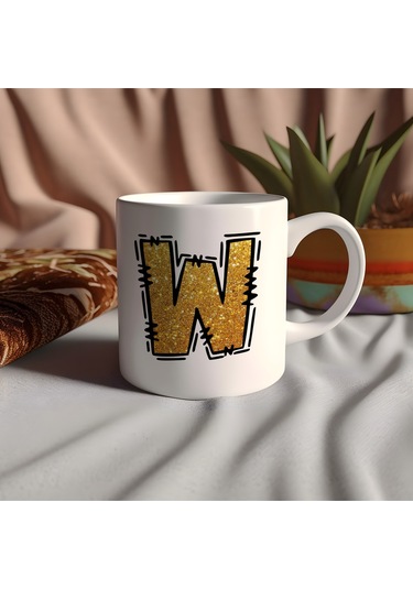 W Harfi Gold Simli Kupa Işıltılı Alfabe Harf Tasarımlı Kahve Kupası - Kişiye Özel Hediye Beyaz
