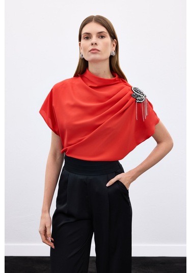 Topshow Sateen Şık Salaş Bluz Kırmızı