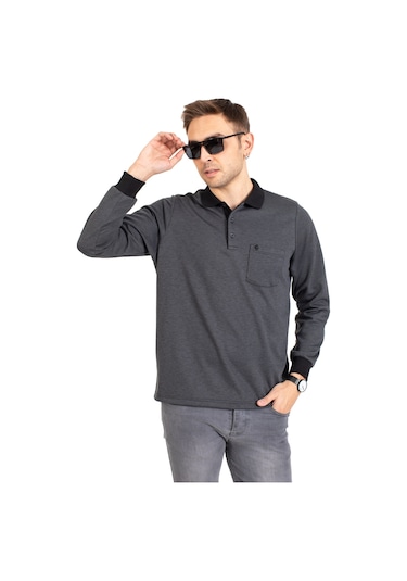 Erkek Orta Yaş ve Üzeri Polo Yaka Cepli Uzun Kollu Fitilli Mevsimlik Sweatshirt 1219-Füme-Füme