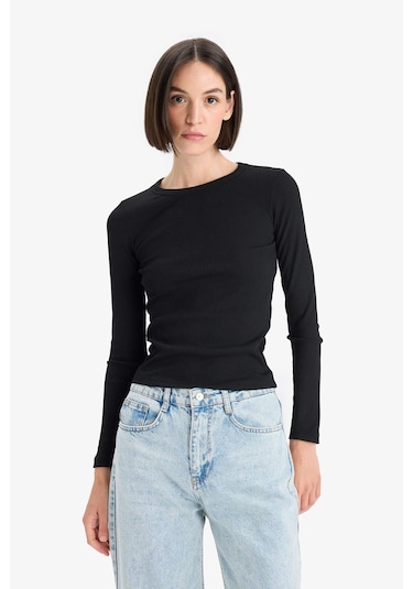 Defacto Slim Fit Dar Kesim Basic Düz Fitilli Kaşkorse Uzun Kollu Tişört E5767ax25aubk81 SIYAH