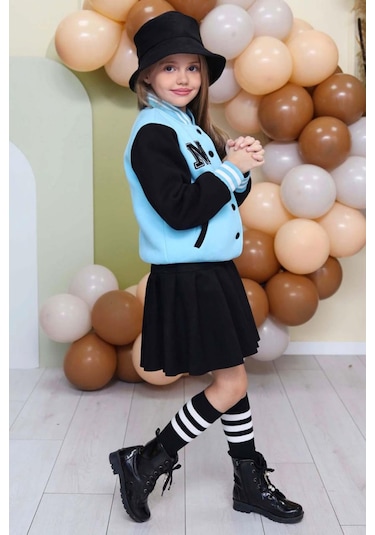 Riccotarz Kız Çocuk Düğme Detaylı Pamuklu Mavi Kolej Ceket Kadife Etekli Takım Mavi