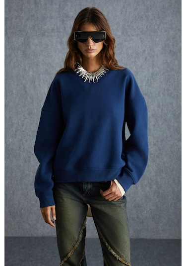 Vaneltına Kadın Içi Polarlı 3 Iplik Organik Pamuk Oversize Basic Bisiklet Yaka Lacivert Sweatshirt