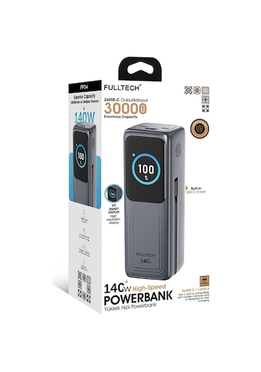 Fulltech Fp34 140w 30.000mah Akıllı Ekranlı Hızlı Şarj Powerbank 2xusb-c & Dahili Kablo 4 Cihaz Siyah