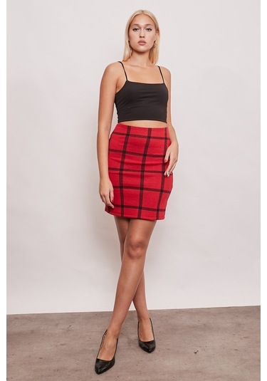Kışlık Yünlü Kumaş Yüksek Bel Diz Üstü Kalem Etek-Kırmızı Kareli