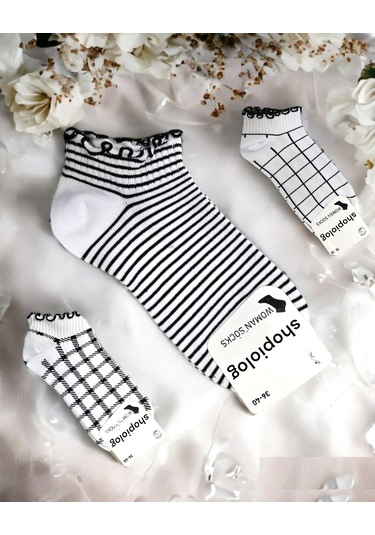 Shopiolog Sevimli Marul Desenli Bilek Çorabı 3'lü Paket Siyah - Beyaz