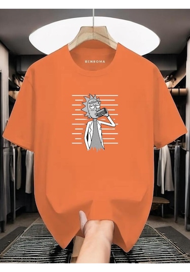 Adam Baskılı Oversize Siyah T-shirt Turuncu