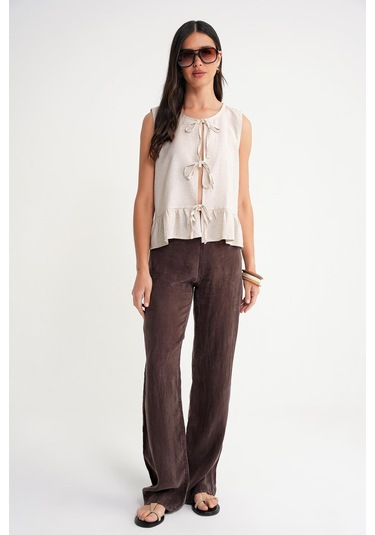 4717 Kadın Önü Bağcıklı Fırfırlı Kolsuz Keten Bluz Naturel Naturel