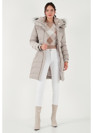 Lela Regular Fit Çıkarılabilir Kapüşonlu Fermuarlı Cepli Şişme Bayan Mont 497Emily Taş