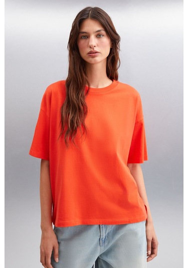 GRIMELANGE Jemmy Kadın %100 Organik Pamuk Relaxed Fit Yırtmaçlı Yuvarlak Yakalı Kırmızı T-shirt Kırmızı