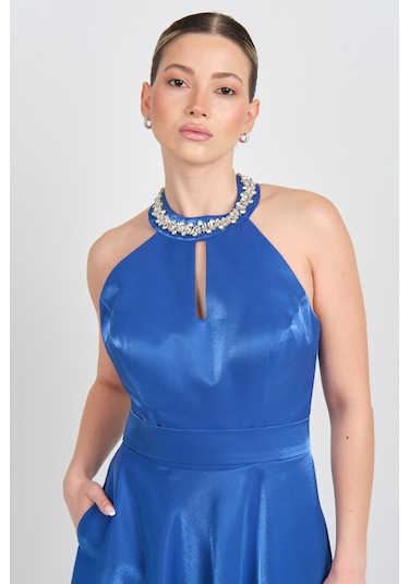 Saygın Kadın Halter Yaka Saten Midi Abiye Elbise 5624 Saks Saks