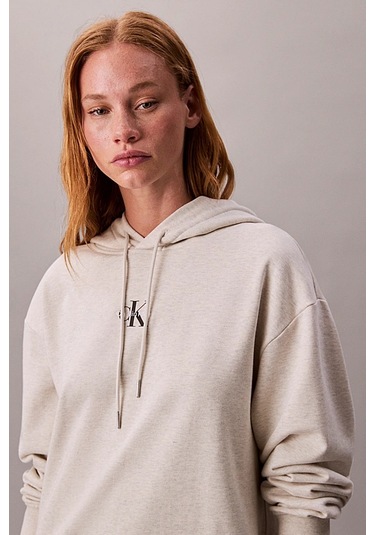 Kadın Rahat Kalıp Kapüşonlu Sweatshirt Elbise - Bej Melanj Vanilla Heather