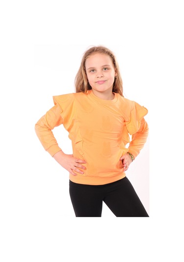 Kız Çocuk Regular Fit Bisiklet Yaka Fırfırlı Baskılı Sweatshirt - 2 İplik Turuncu